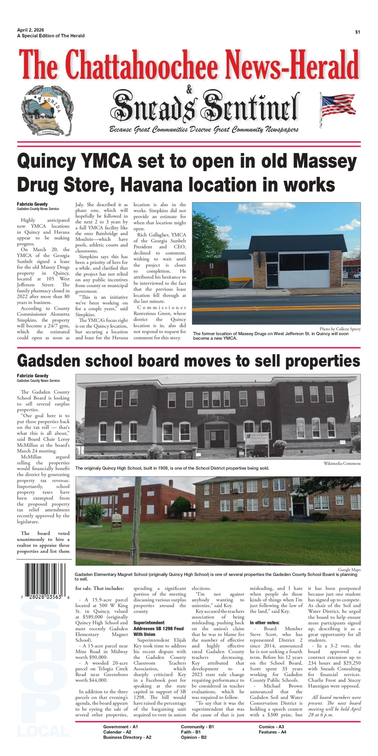 Front page of The Chattahoochee News-Herald & Sneads Sentinel dated April 2, 2026, featuring a headline about a Quincy YMCA opening in a former Massey Drug Store with a photo of the storefront, and a second headline about the Gadsden school board selling properties, accompanied by images of school buildings.