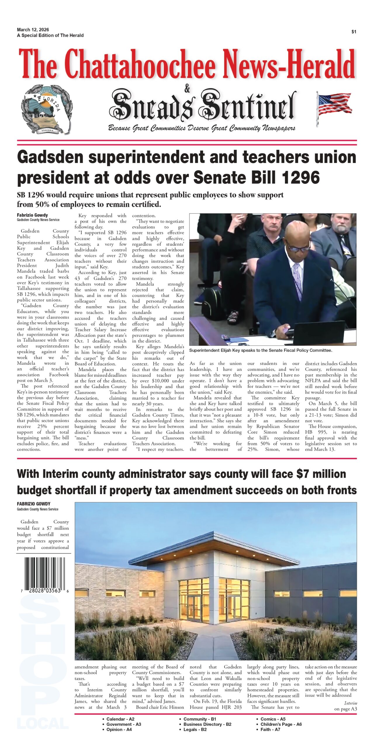 Front page of The Chattahoochee News-Herald & Sneads Sentinel special edition dated March 12, 2026, featuring coverage of a dispute between Gadsden County Superintendent Elijah Key and the teachers union over Senate Bill 1296, along with a report on a potential $7 million county budget shortfall related to proposed property tax amendments.