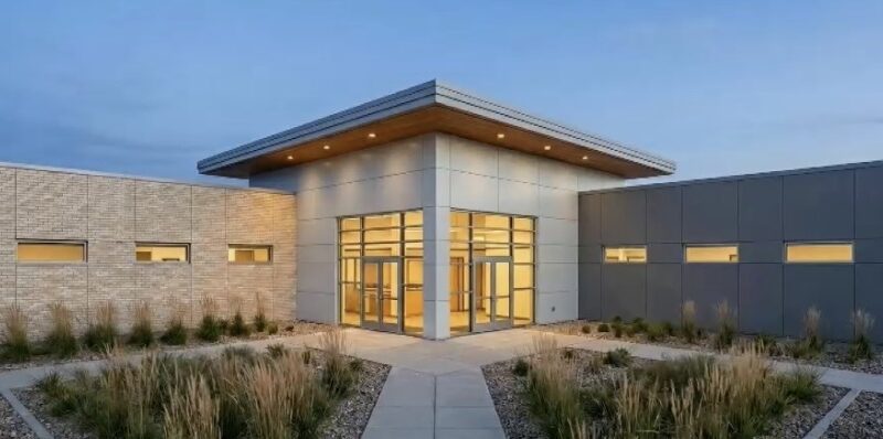 Front entrance of a modern Boys & Girls Club building illuminated at dusk with large glass doors and surrounding landscaping.