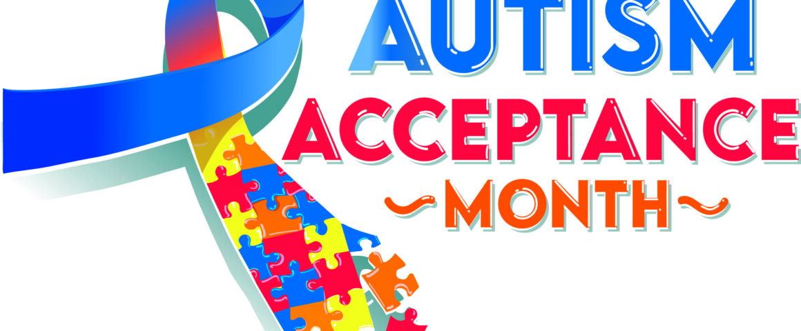 Colorful Autism Acceptance Month graphic featuring a blue awareness ribbon intertwined with multicolored puzzle pieces.
