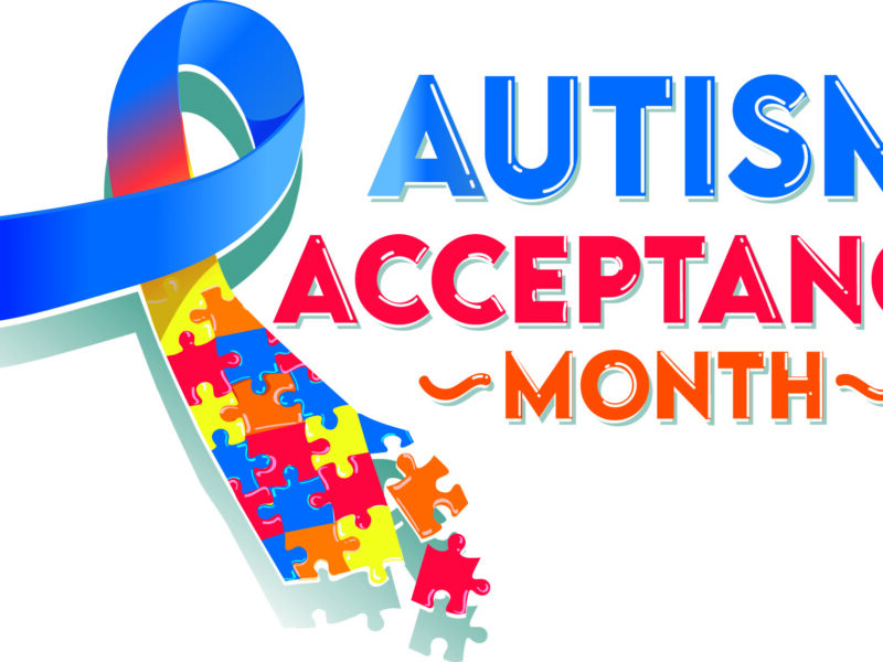Colorful Autism Acceptance Month graphic featuring a blue awareness ribbon intertwined with multicolored puzzle pieces.