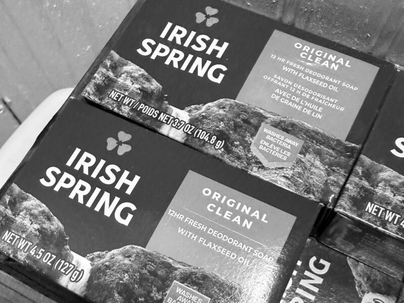 Close-up of multiple boxes of Irish Spring soap labeled “Original Clean” stacked together.