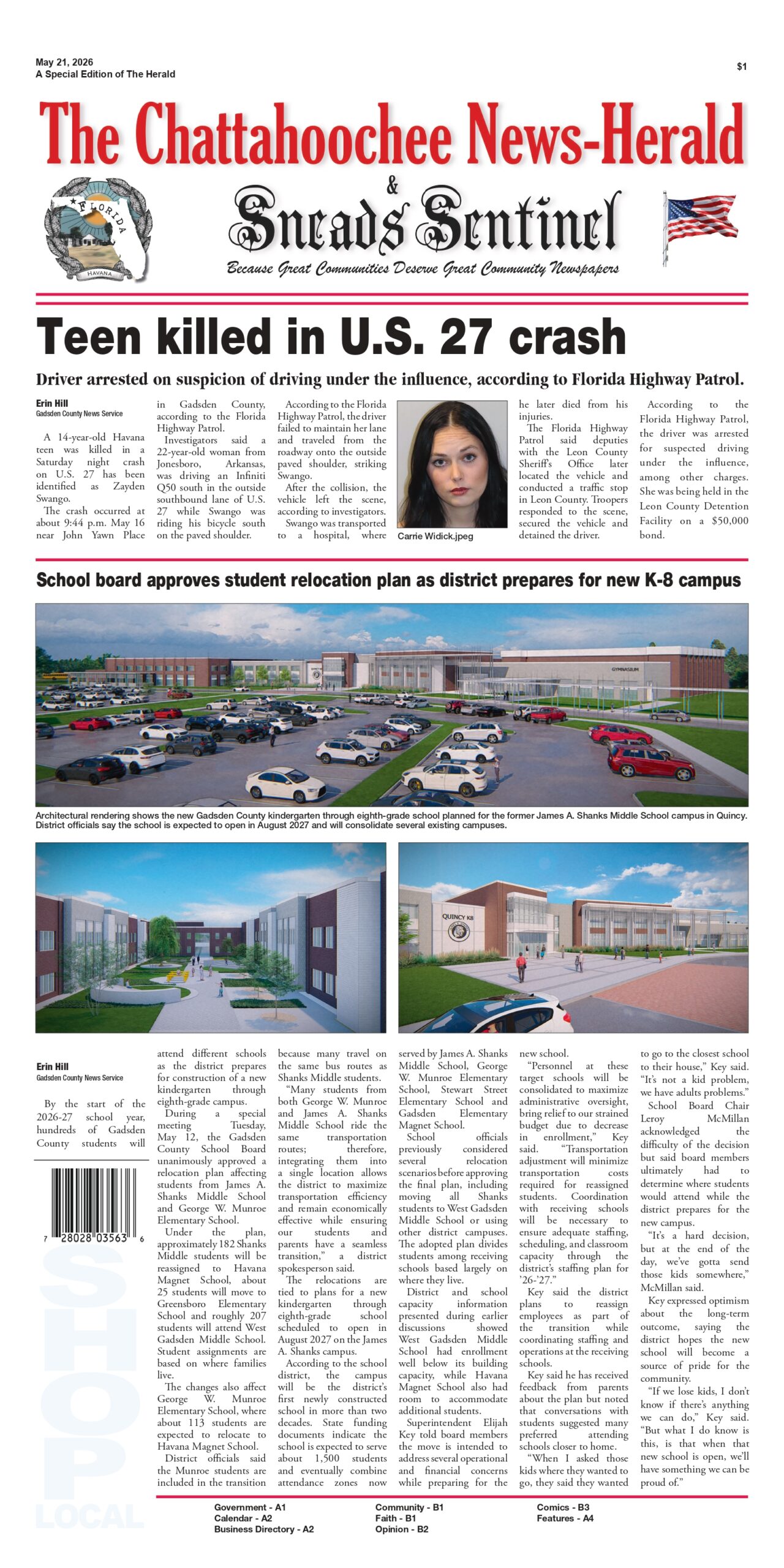 Front page of The Chattahoochee News-Herald and Sneads Sentinel, May 21, 2026 edition. The top headline reads 'Teen killed in U.S. 27 crash' with a mugshot of Carissa Widick. The main center headline reads 'School board approves student relocation plan as district prepares for new K-8 campus,' accompanied by three architectural renderings of the proposed school campus and parking lot.