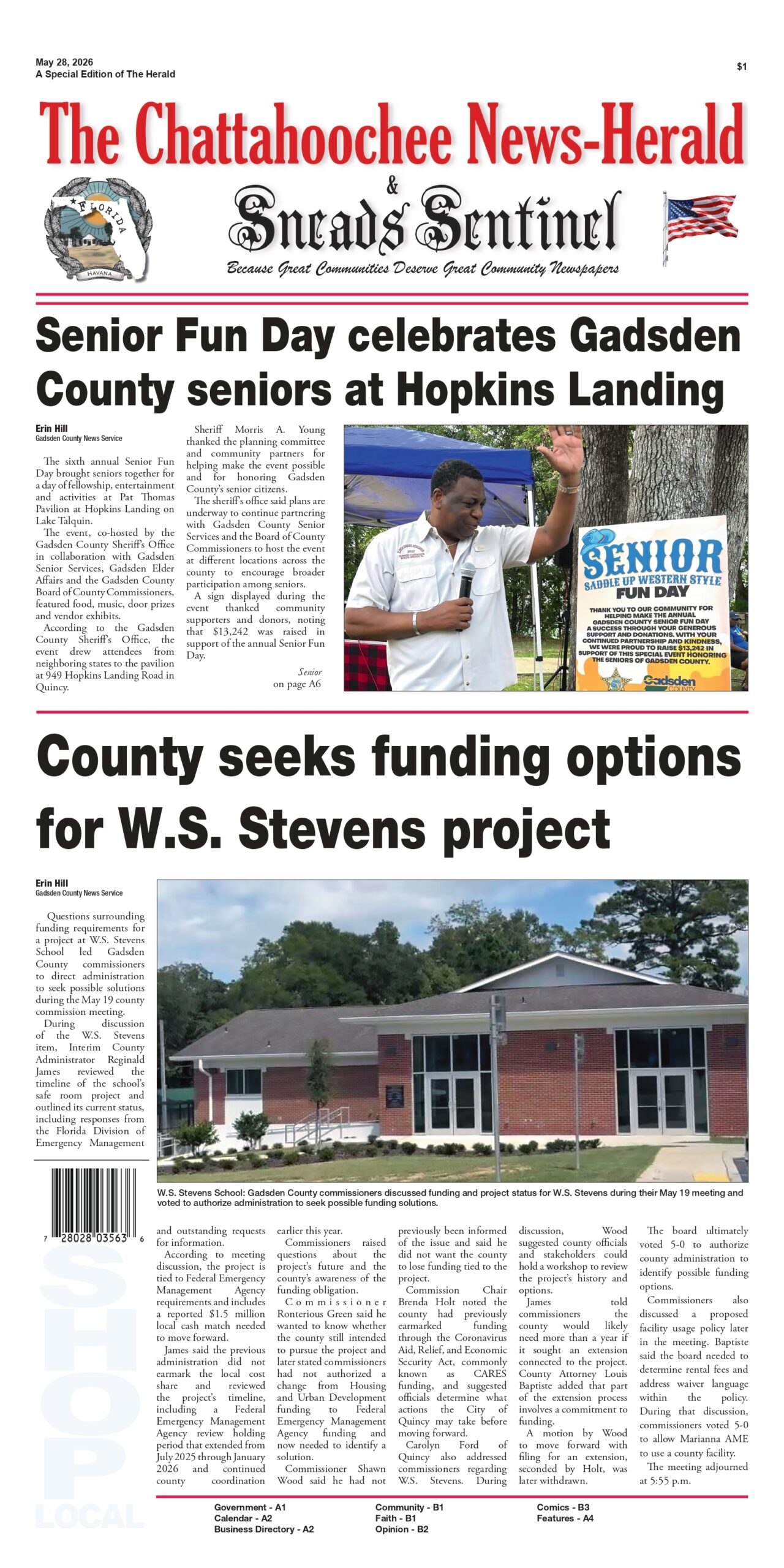 Front page of the Chattahoochee News-Herald & Snead Sentinel dated May 28th 2026
