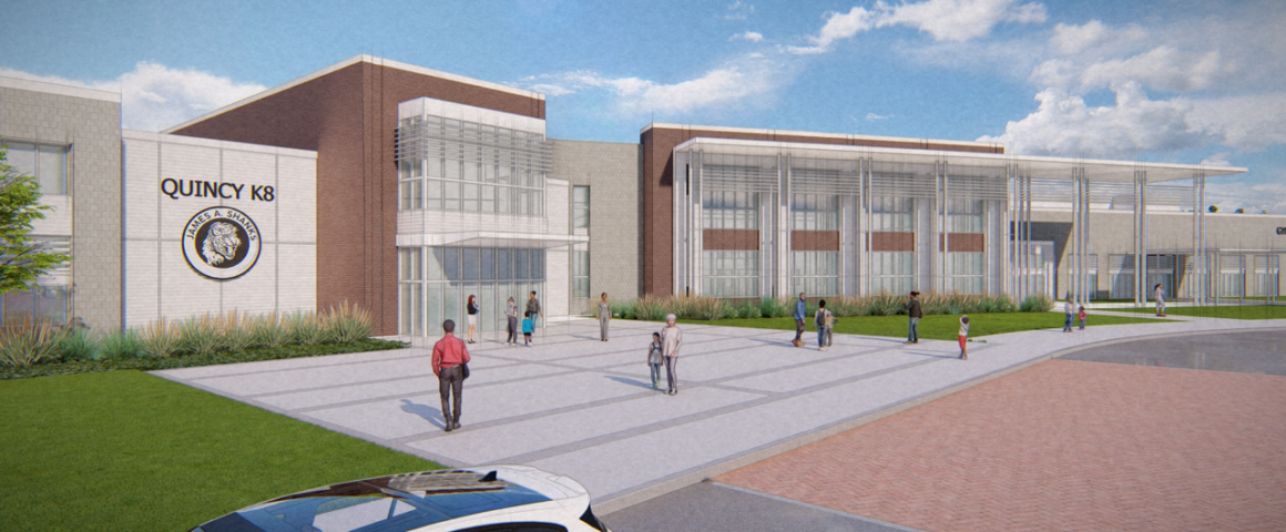 “Architectural rendering of a modern two-story kindergarten through eighth-grade school campus in Quincy, Florida, featuring landscaped walkways, trees, seating areas, and students gathered in a central courtyard between classroom buildings.”