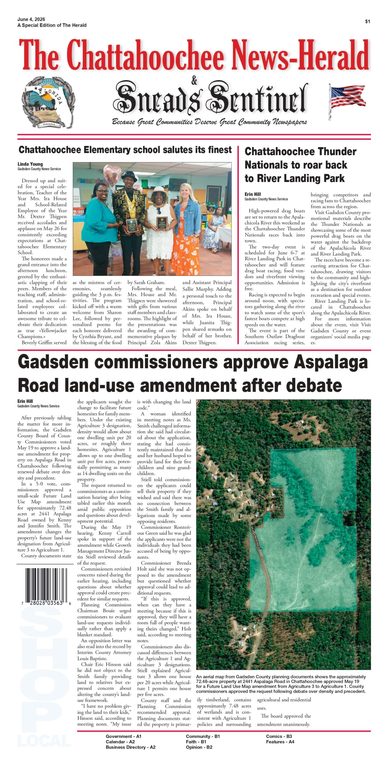 “Front page of The Chattahoochee News-Herald & Sneads Sentinel dated June 4, 2026, featuring a lead story on Gadsden County commissioners approving an Aspalaga Road land-use amendment, accompanied by an aerial map of the affected property.”
