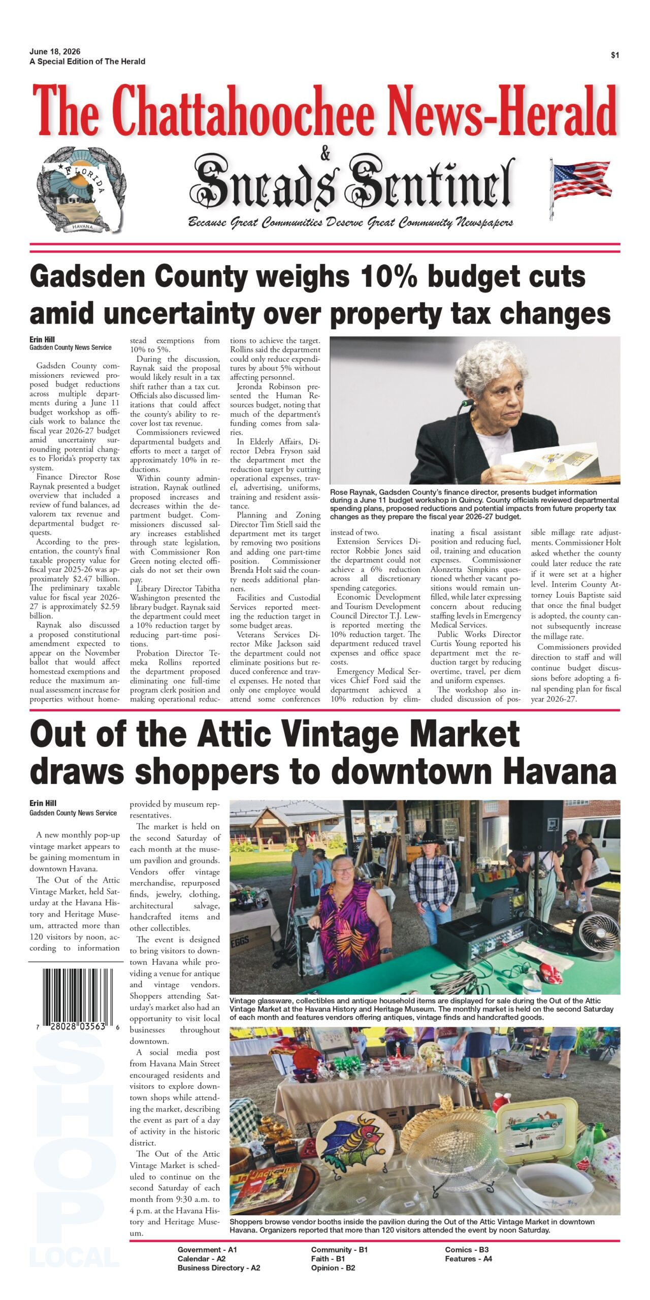 Front page of The Chattahoochee News-Herald & Sneads Sentinel, June 18, 2026 edition. The top headline reads 'Gadsden County weighs 10% budget cuts amid uncertainty over property tax changes,' featuring a photograph of Gadsden County Finance Director Rose Raynak at a budget workshop. The lower headline reads 'Out of the Attic Vintage Market draws shoppers to downtown Havana,' accompanied by two photographs of vendors and shoppers browsing collectibles and vintage items inside an open-air pavilion.