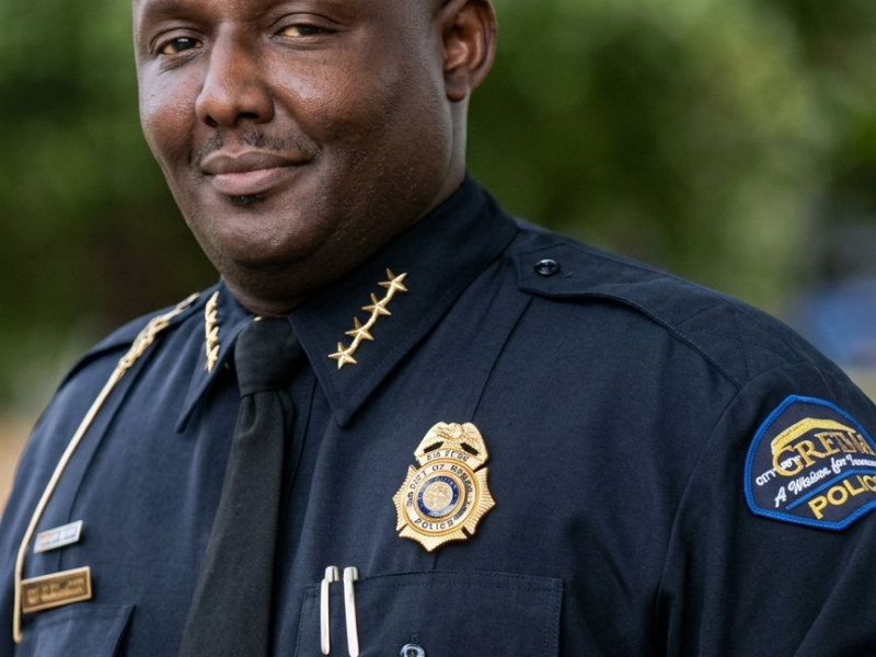 A professional portrait of a Black male police chief smiling subtly against a soft, blurred green background. He is bald with a light mustache and wears a dark blue law enforcement uniform. His uniform features a gold badge on the chest, four gold stars on his collar indicating the rank of chief, a black tie, and a shoulder patch that reads 'CITY OF GRETNA POLICE'