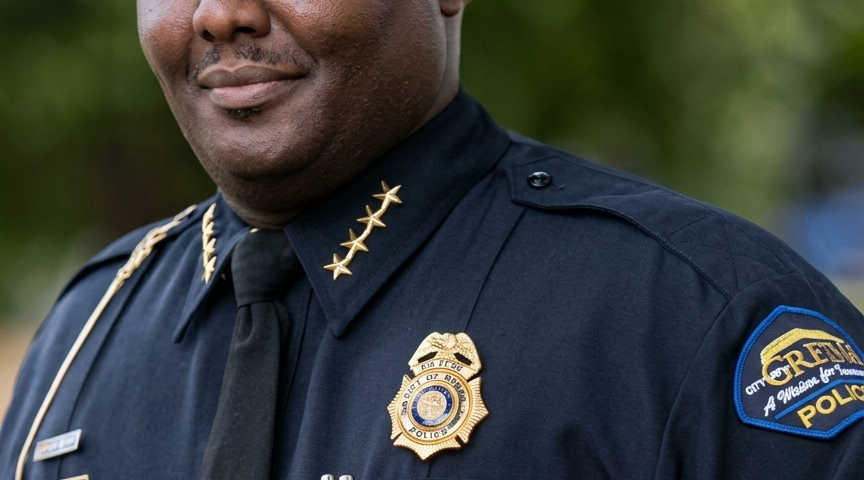 A professional portrait of a Black male police chief smiling subtly against a soft, blurred green background. He is bald with a light mustache and wears a dark blue law enforcement uniform. His uniform features a gold badge on the chest, four gold stars on his collar indicating the rank of chief, a black tie, and a shoulder patch that reads 'CITY OF GRETNA POLICE'