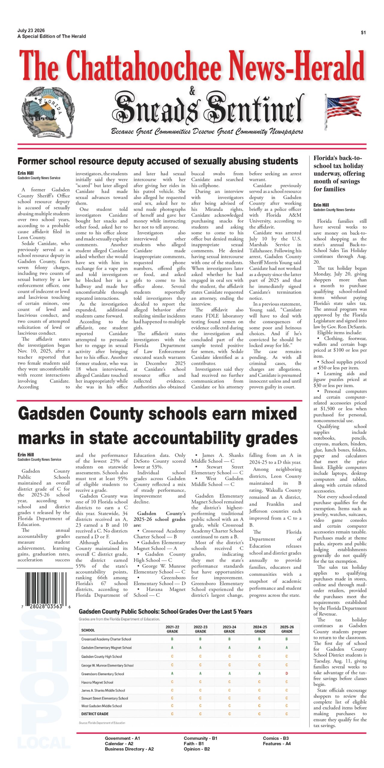 Front page of the July 23, 2026 special edition of The Chattahoochee News-Herald & Sneads Sentinel featuring news stories on Gadsden County school accountability grades, Florida's back-to-school tax holiday, and legal charges against a former school resource deputy.