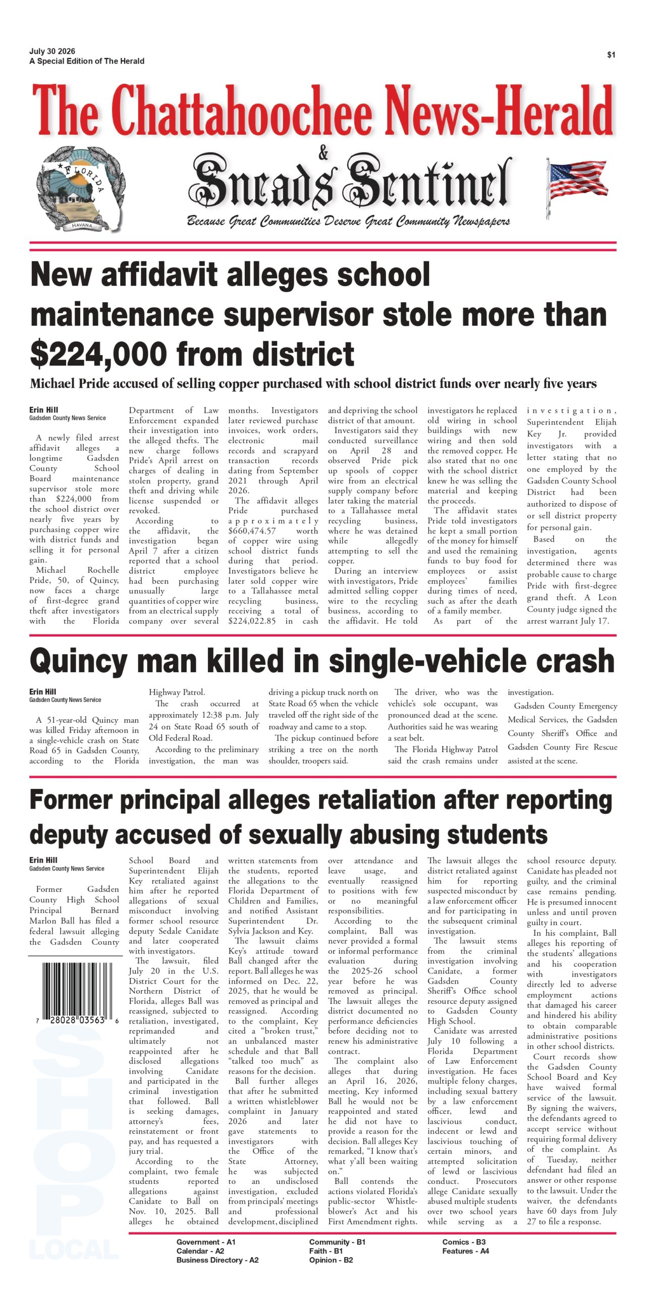 Front page of the July 30, 2026 special edition of The Chattahoochee News-Herald & Sneads Sentinel featuring news stories
