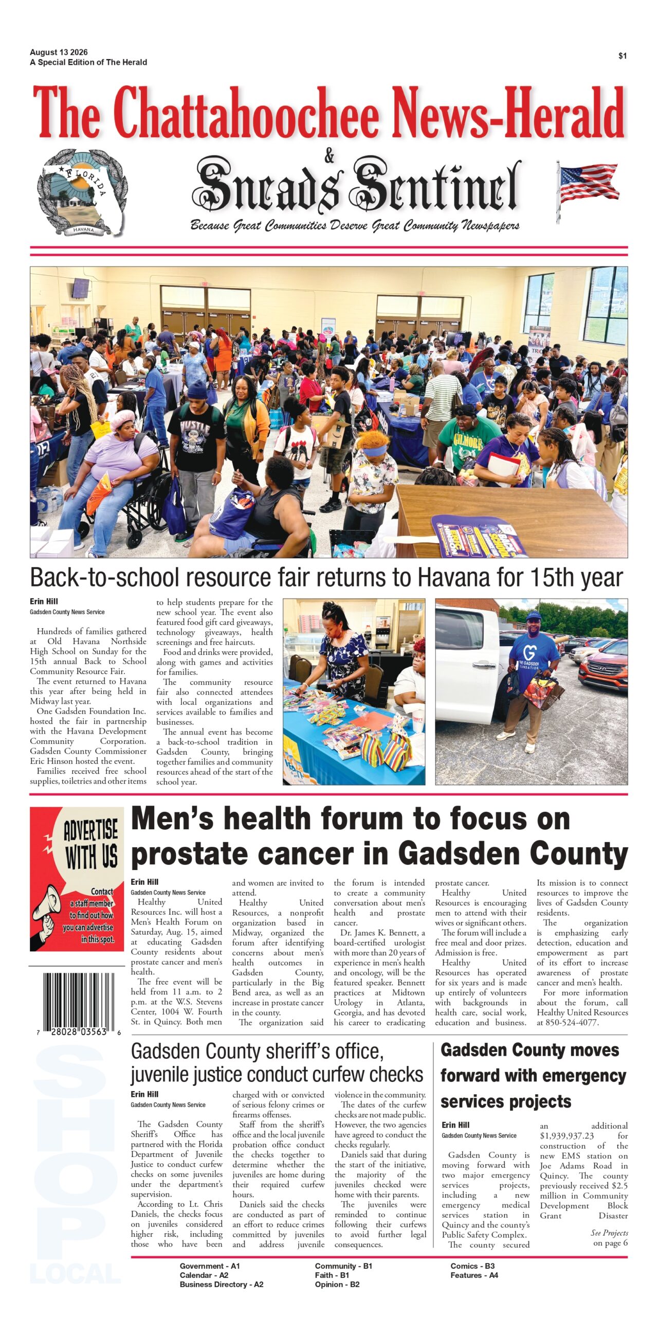 Front page of the August 13, 2026 special edition of The Chattahoochee News-Herald & Sneads Sentinel featuring photos and an article about the 15th annual back-to-school resource fair in Havana, alongside headlines covering an upcoming Men's Health Forum on prostate cancer, curfew checks conducted by the sheriff's office and juvenile justice, and updates on Gadsden County emergency services projects.