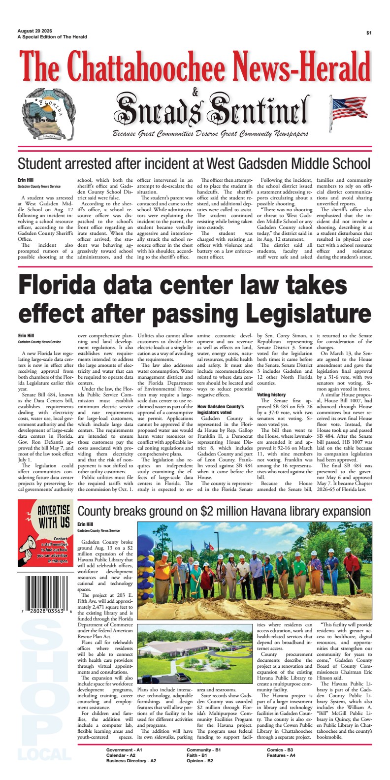 Front page of the August 20, 2026 special edition of The Chattahoochee News-Herald & Sneads Sentinel featuring news headlines on a student arrest at West Gadsden Middle School, a new Florida data center law, and the groundbreaking of a $2 million expansion for the Havana library.
