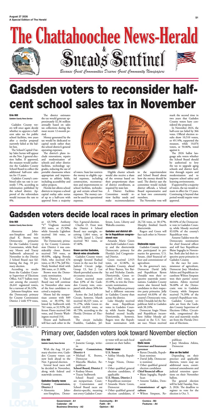 Front page of the August 27, 2026 special edition of The Chattahoochee News-Herald & Sneads Sentinel featuring news headlines about Gadsden County voters reconsidering a half-cent school sales tax in November illustrated with two copper pennies, results from local primary election races, and a preview of the upcoming November general election.