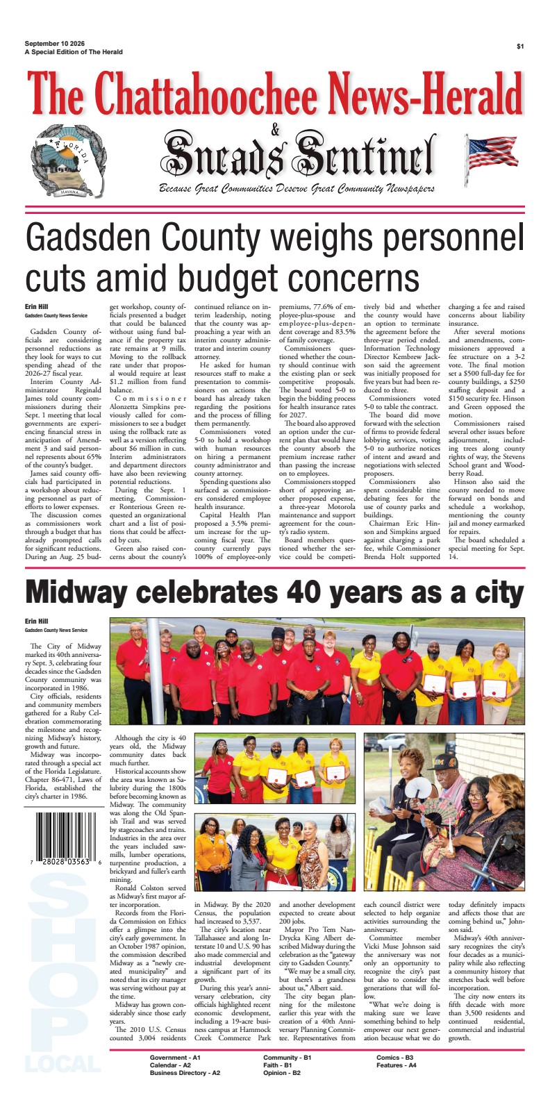 Front page of the September 10, 2026 special edition of The Chattahoochee News-Herald & Sneads Sentinel featuring top headlines about Gadsden County weighing personnel cuts amid budget concerns, and Midway celebrating its 40th anniversary as a city with multiple photos of officials, community members, and attendees.