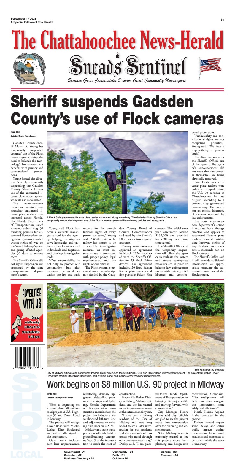 Front page of the September 17, 2026 special edition of The Chattahoochee News-Herald & Sneads Sentinel covering the suspension of the Flock camera system by Sheriff Morris Young, alongside a feature photo and article on the groundbreaking of an $8 million U.S. 90 roadway project in Midway.