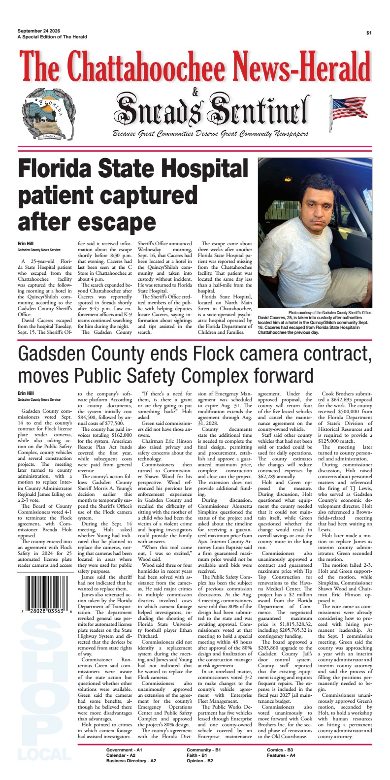 Front page of the September 24, 2026 special edition of The Chattahoochee News-Herald & Sneads Sentinel featuring a mugshot and news story on a Florida State Hospital patient captured following an escape, alongside coverage on Gadsden County terminating its Flock camera contract and moving forward with county construction projects.