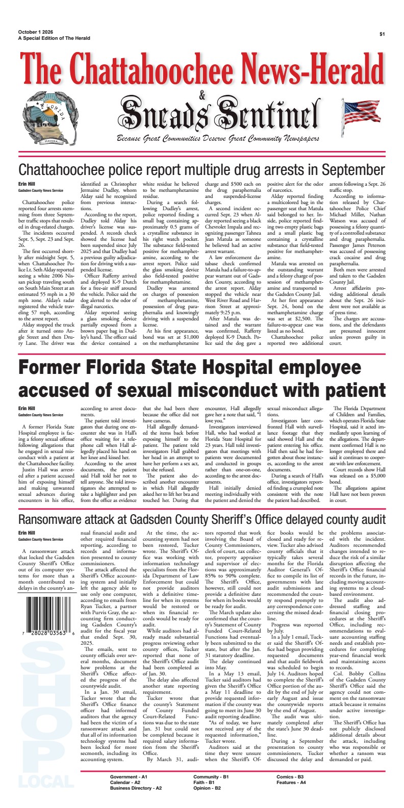 Front page of the October 1, 2026 special edition of The Chattahoochee News-Herald & Sneads Sentinel covering multiple Chattahoochee police drug arrests in September, felony sexual misconduct charges against a former Florida State Hospital employee, and a ransomware attack at the Gadsden County Sheriff's Office that delayed the county audit.