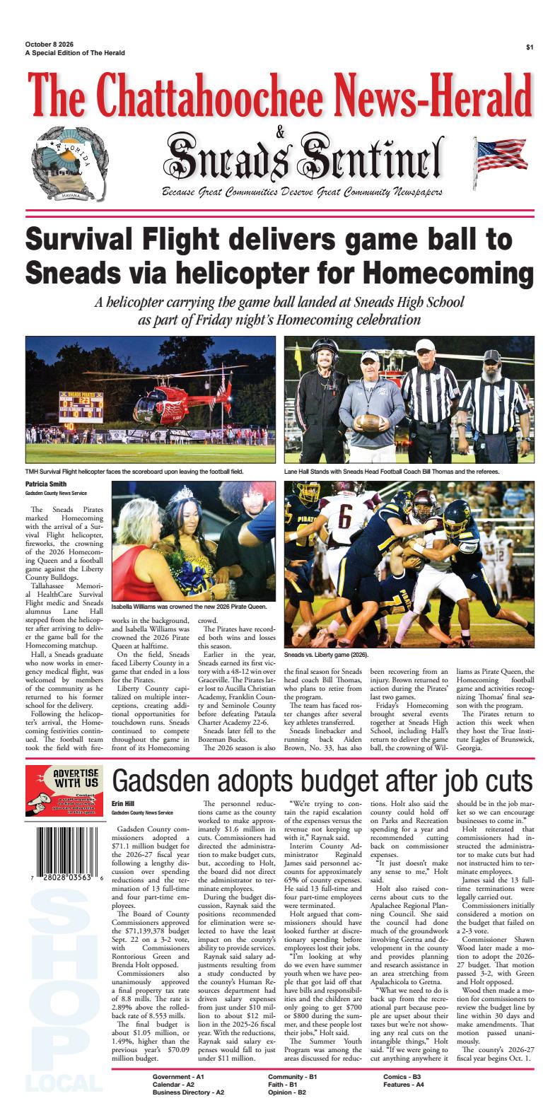 Front page of the October 8, 2026 special edition of The Chattahoochee News-Herald & Sneads Sentinel featuring top coverage and photos of Survival Flight delivering the game ball via helicopter for Sneads High School's Homecoming, the crowning of Isabella Williams as 2026 Pirate Queen, action from the Sneads vs. Liberty County football game, and news on Gadsden County adopting its budget following job cuts.